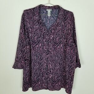 Catherines Women Plus Blouse Button Up Shirt Size 3X Pisley Purple Long Sleeve